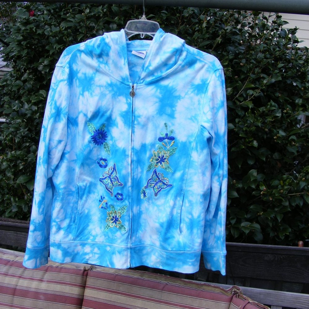 Ladies Vintage 3X DG2 Tie Dye Blue Floral Hoodie Coat Jacket by Diane Gilman